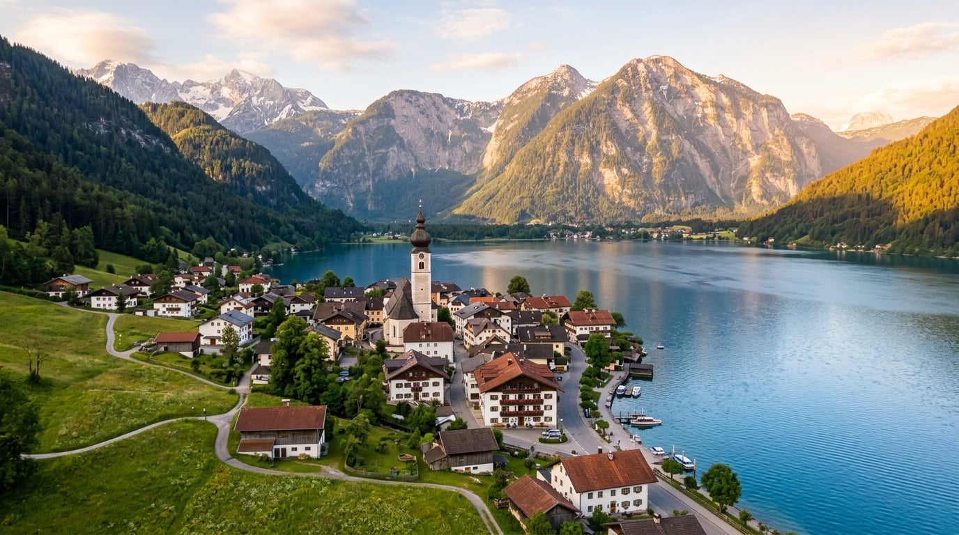 Bayerisches Alpendorf am See im Morgenlicht